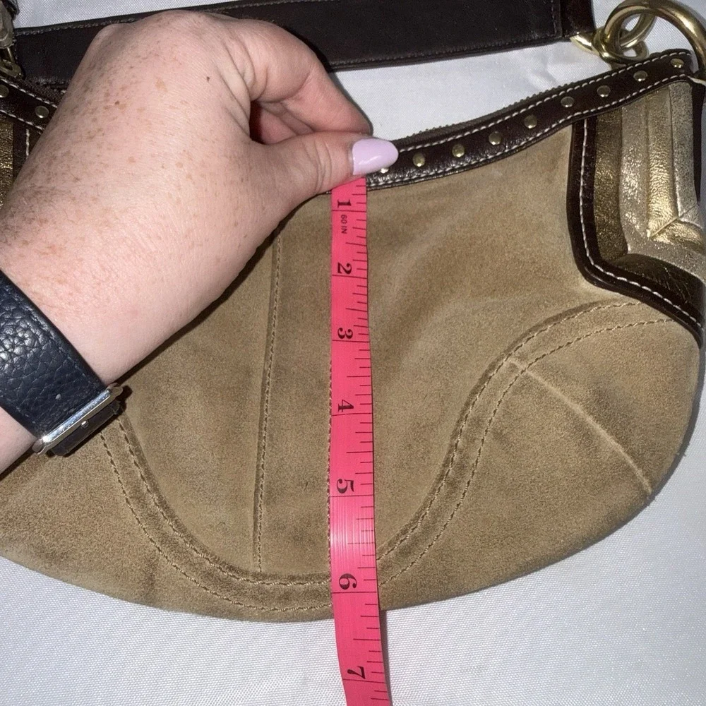 Vintage Coach Brown Tan Suede Small Hobo Shoulder Bag Purse Metallic Accents